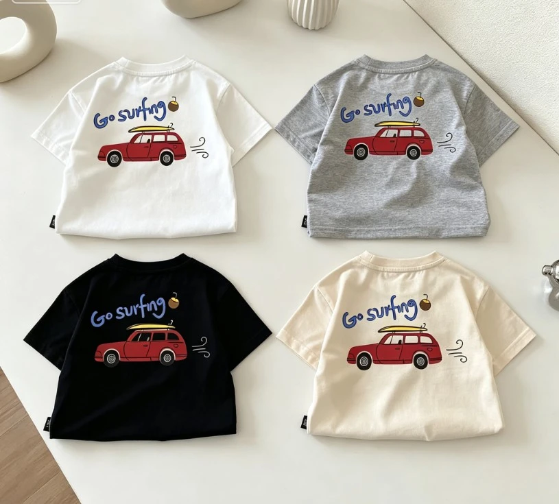 

Toddler Go Surfing Car Print Short Sleeve T Shirts Kids Summer Casual Tops Double Side Clothing Baby Wear Thin Tees Fashion Tops