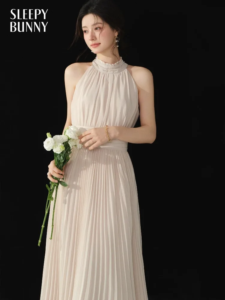 Women French Style Long Sleeve Maxi Dress Pink Draped V-Neck A-Line Chiffon Dresses for Lady Spring Summer Elegant Flowy Gown