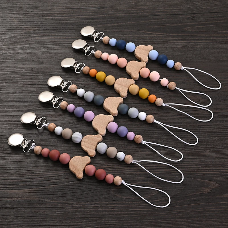 

Baby Metal Nipple Clip Silicone Round Beads Wooden Animal Teether Pacifier Chain For Baby Nursing Teething Chew Toys Accessories