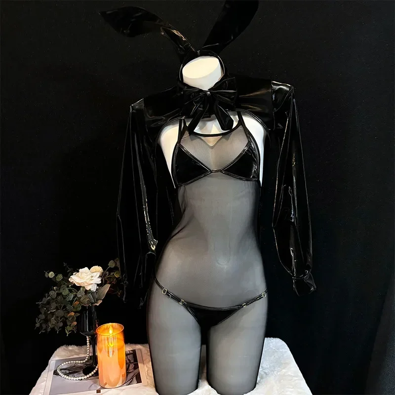 

Leather Bunny Girl Sexy Seductive Women Patent Leather Bikini Swimsuit Sets Three Pieces With Mesh Bodysuit With Bunny Ears