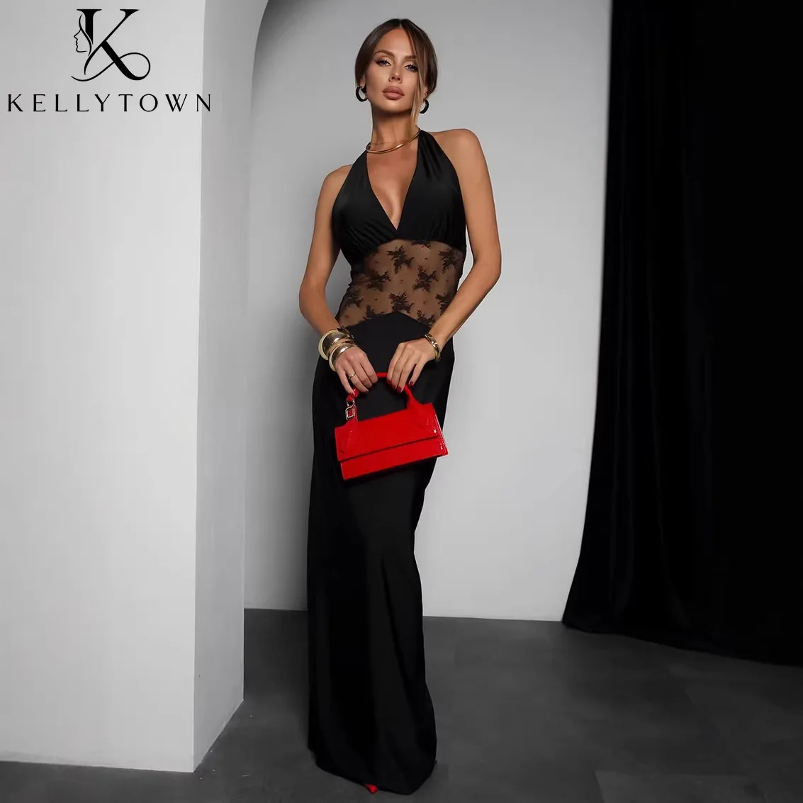 

KELLYTOWN Black Sexy Maxi Dress Women Halter Cowl Neck Sleeveless Sheer Lace Waist Slim Fit Dress Elegant Evening Party Dress