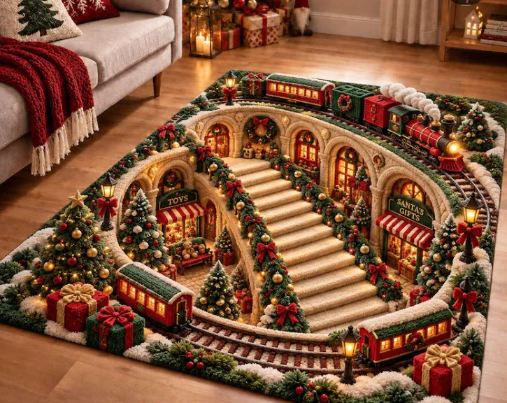 2D Christmas Train Area Rug, Santa Toy Shop Runner Rug Village Kitchen Mat, Festive Holiday Doormat, Christmas Gift Home Decor