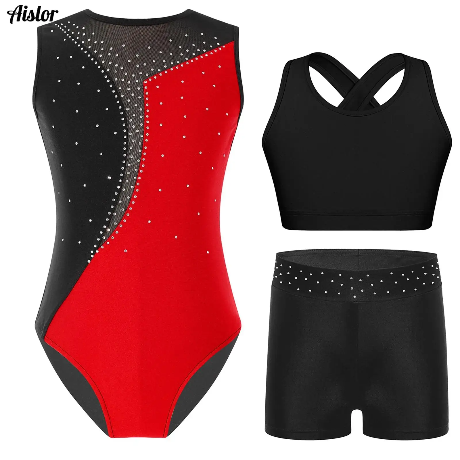 

Kids Girls Acrobatic Gymnastics Bodysuit 3Pcs/Set Sleeveless Shiny Rhinestone Contrast Color Leotards+U Neck Bra Top+Shorts Set