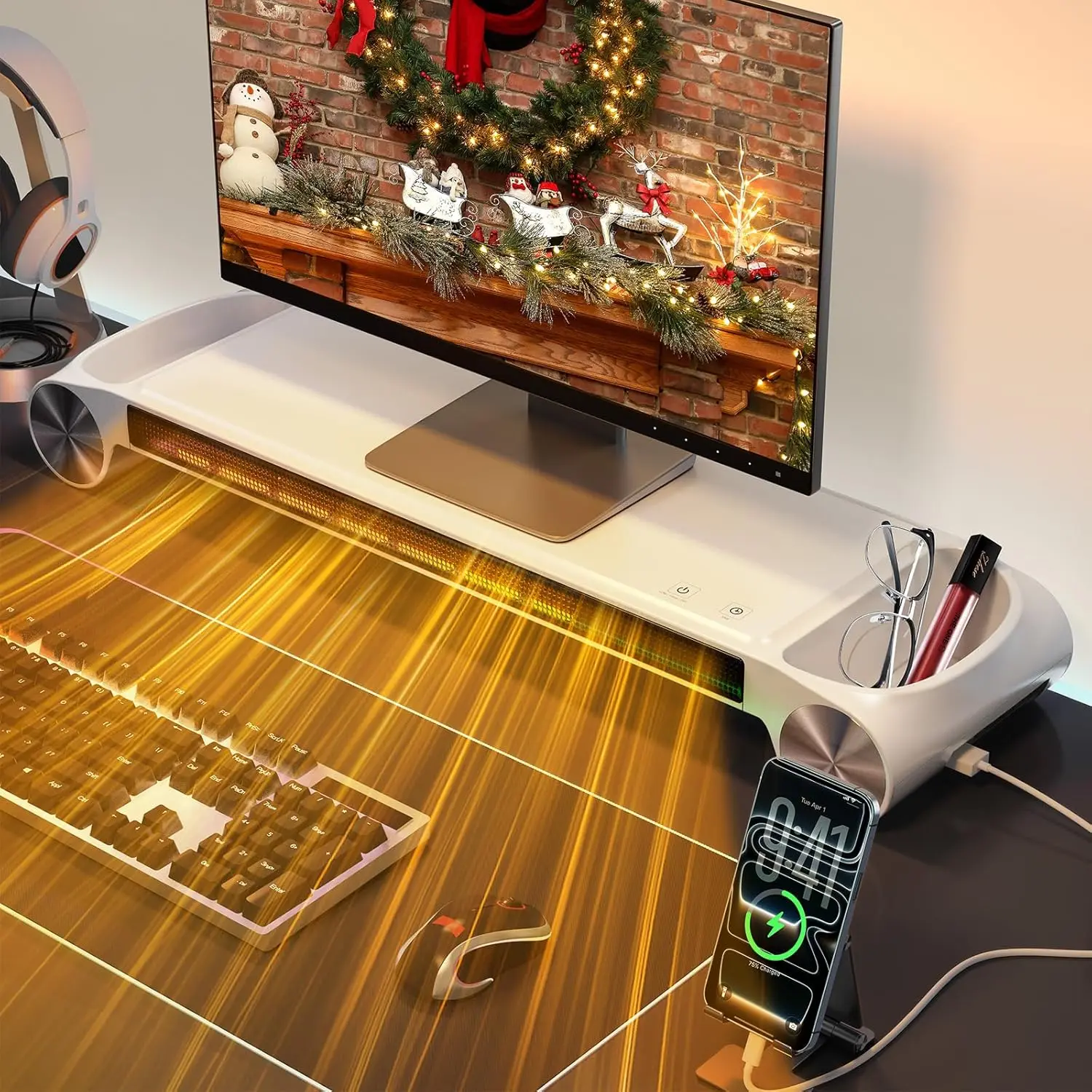 Schreibtischheizung 330 W, 2-in-1 mit USB-Aufladung und Aufbewahrung, Weiß