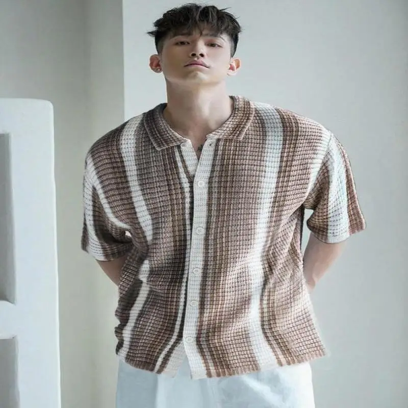 

Men's Knitted irt Stripe Print Button Cross-Border New Sle Coolmax Fiber Collar Inner Wear Thiened Nine-Quarter Sl...