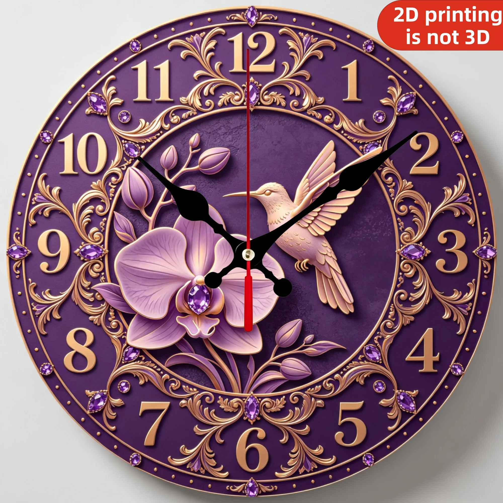 Hummingbird Orchid Wooden Wall Clock, 10/12 Inch Round Wood Clock, Silent Non Ticking Quartz Movement, Baroque Purple Gold Floral Printed Home Decor