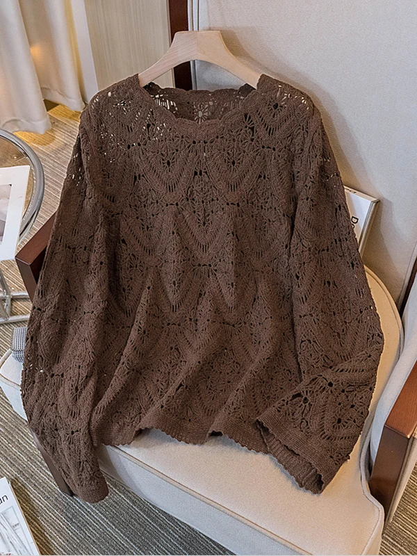 

Women's Knitted Hollow out Sweater Coffee Color Hook Flower Large Size Retro Top Korean Style Loose Fit Long Sleeve round Neck