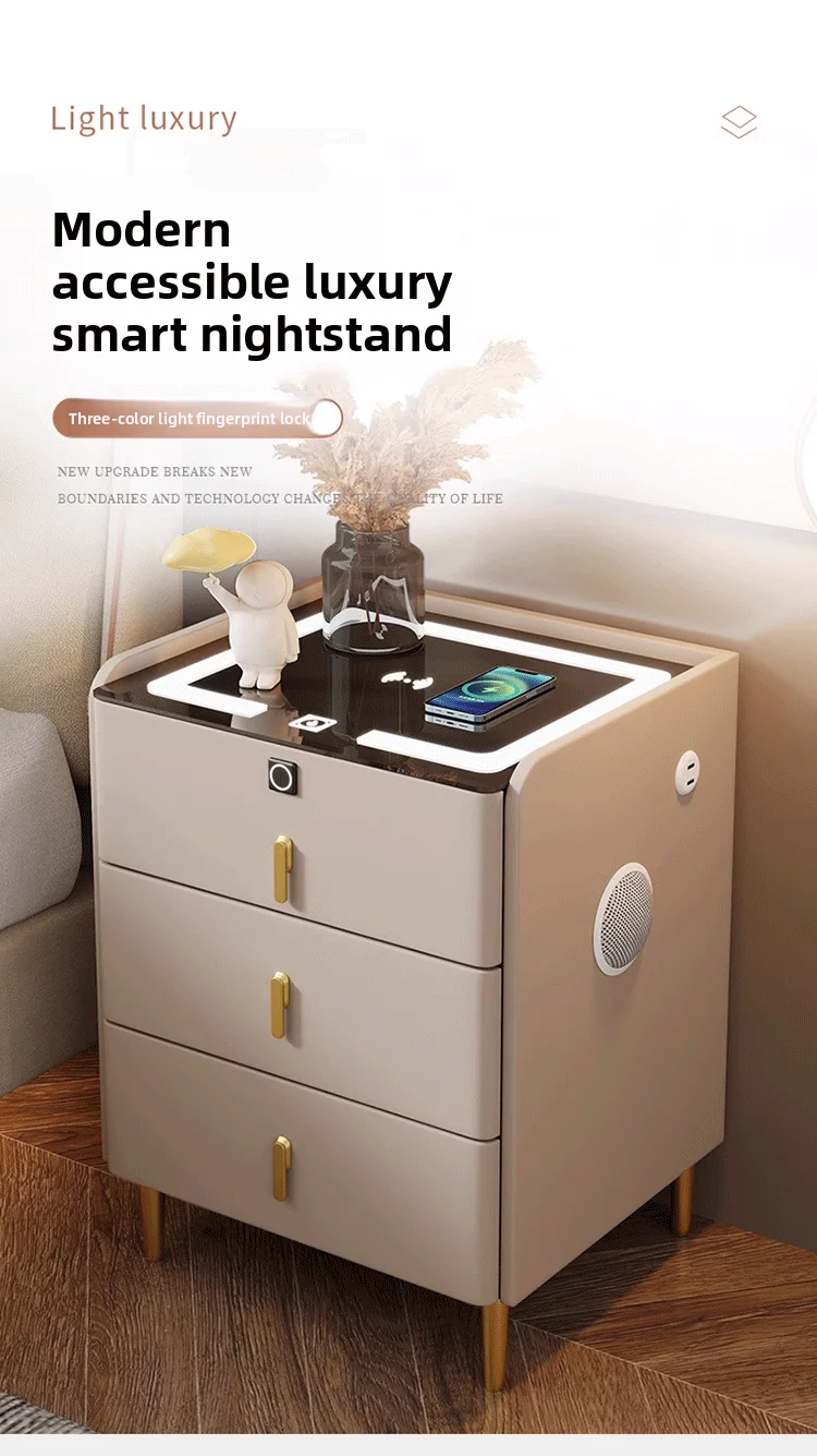 Smart solid wood bedside table Small apartment bedroom Italian light luxury simple wireless charging with multi-functional smart