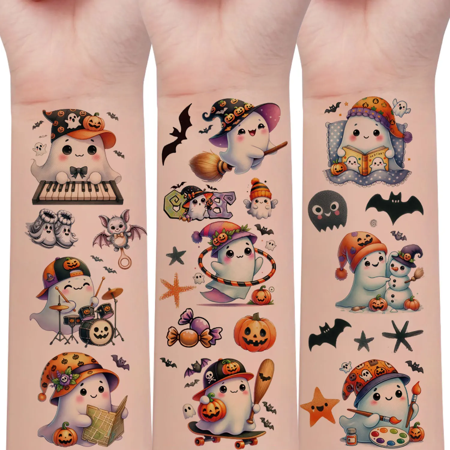 10 Sheets of 98 Halloween Cute Cartoon Design Temporary Tattoo Stickers, Waterproof Artistic Decorative Fake Tattoos, Perfect for Halloween Party Favors