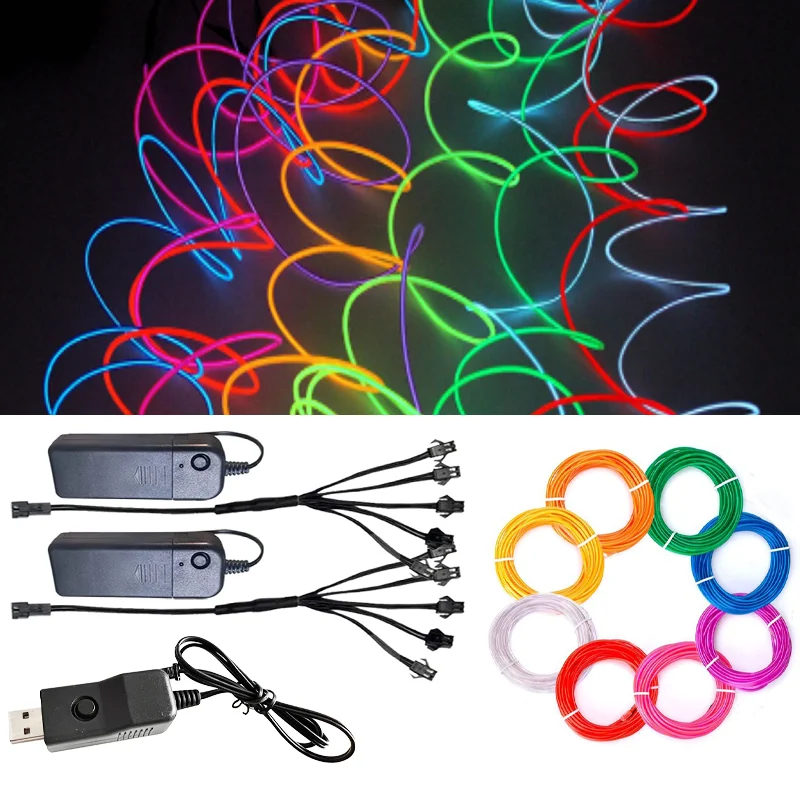 10/5/3/1M EL Wire Light Strip batteria interruttore USB Neon incandescente luci stringa tubo corda fai da te Halloween Blacklight Multicolor Decor