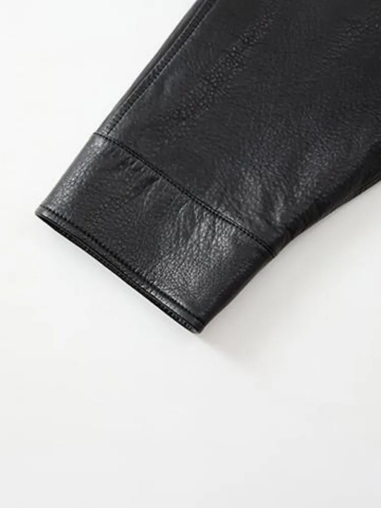 Krótka kurtka damska z prawdziwej skóry owczej, jednolita, z klapami, wysokiej jakości, luźna, zapinana na zamek, ręcznie robiona odzież wierzchnia.