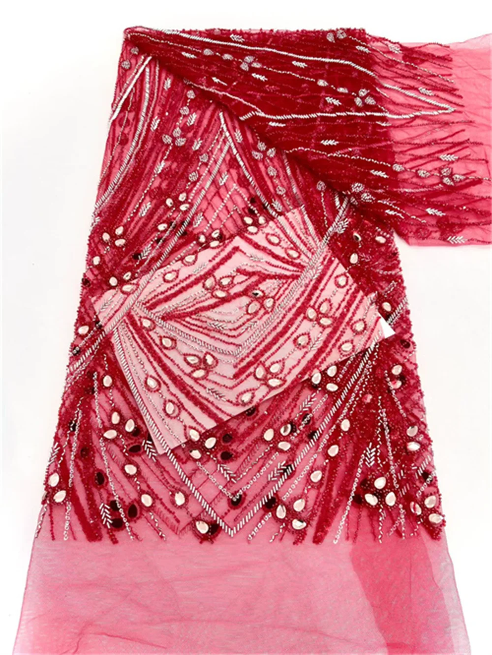 

Red Beaded Lace Fabric 2025 Luxury African Tulle Sequin Lace Fabric Sewing French Mesh Lace Fabric For Party Wedding Dress H19-1