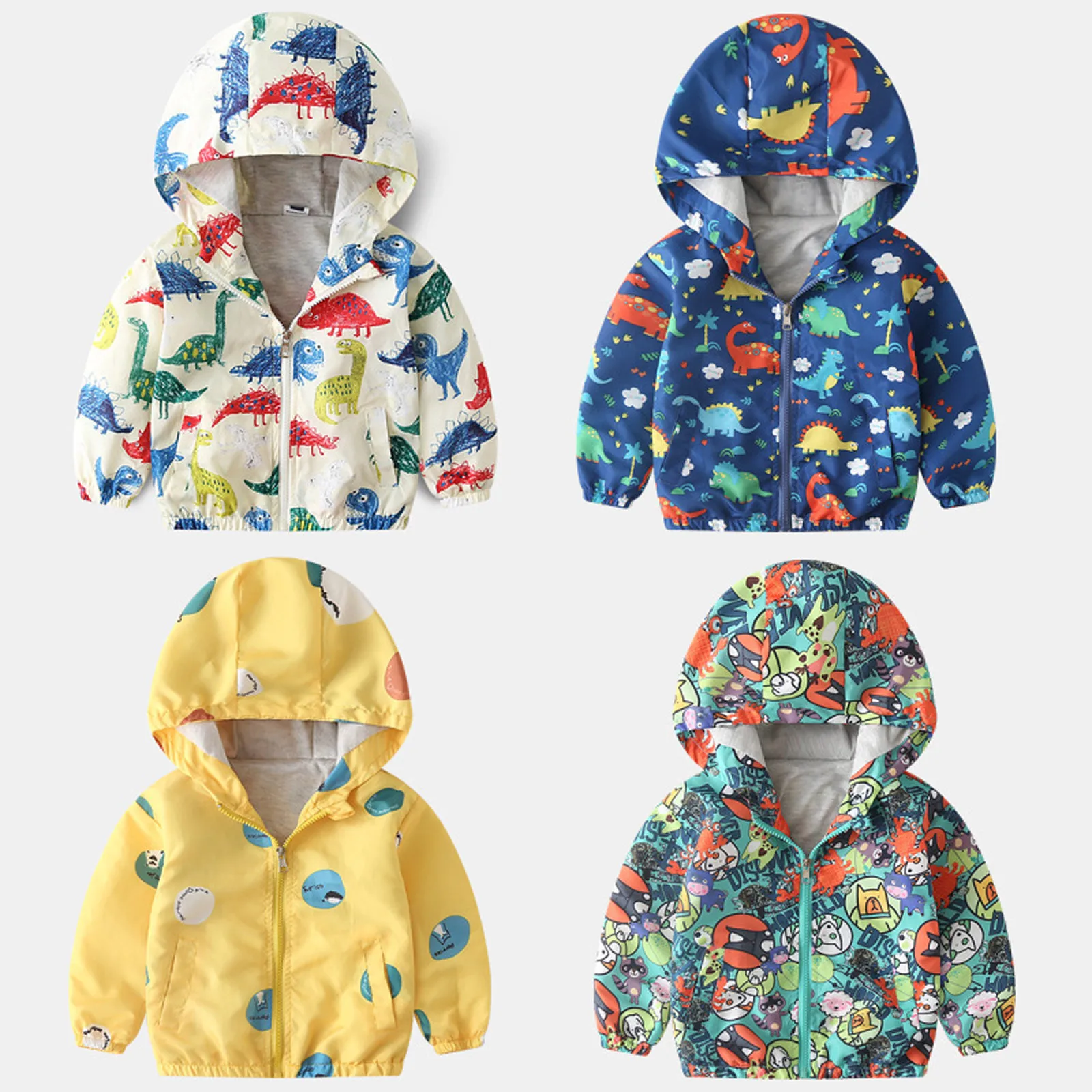 Kids Boys Coat Hooded Dinosaur Girls Windproof Baby Toddler Cartoon Windbreaker Zipper Thin down Jacket Boys Thick Kids Jacket