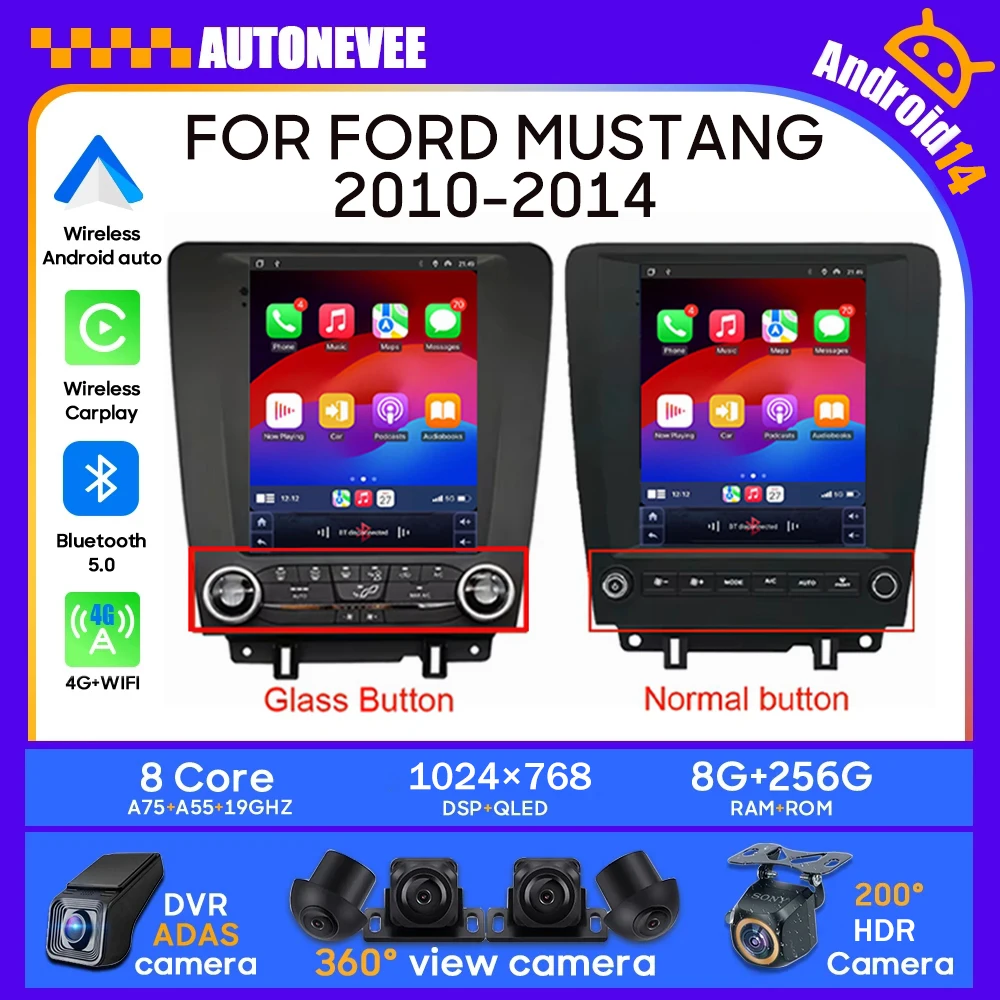 

For Ford Mustang 2010-2014 Tesla Style Navigation GPS Car Radio Multimedia Player Stereo Android Auto Carplay 4G Wifi No 2din BT