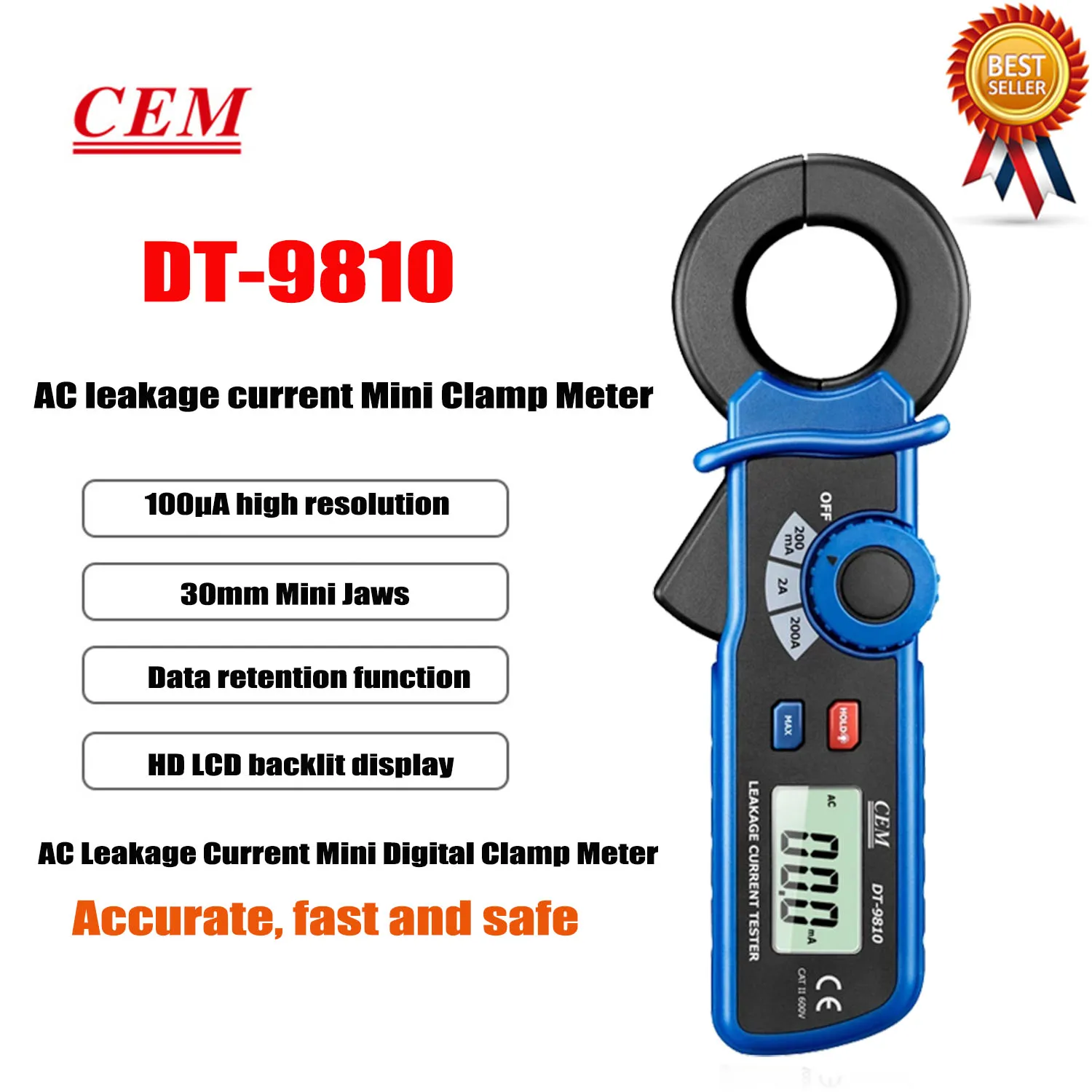 CEM DT-9810 AC Leakage Current Clamp Meter 0.1mA Resolution   Electric Detector Automatic Clamp Meter Digital Display,New.