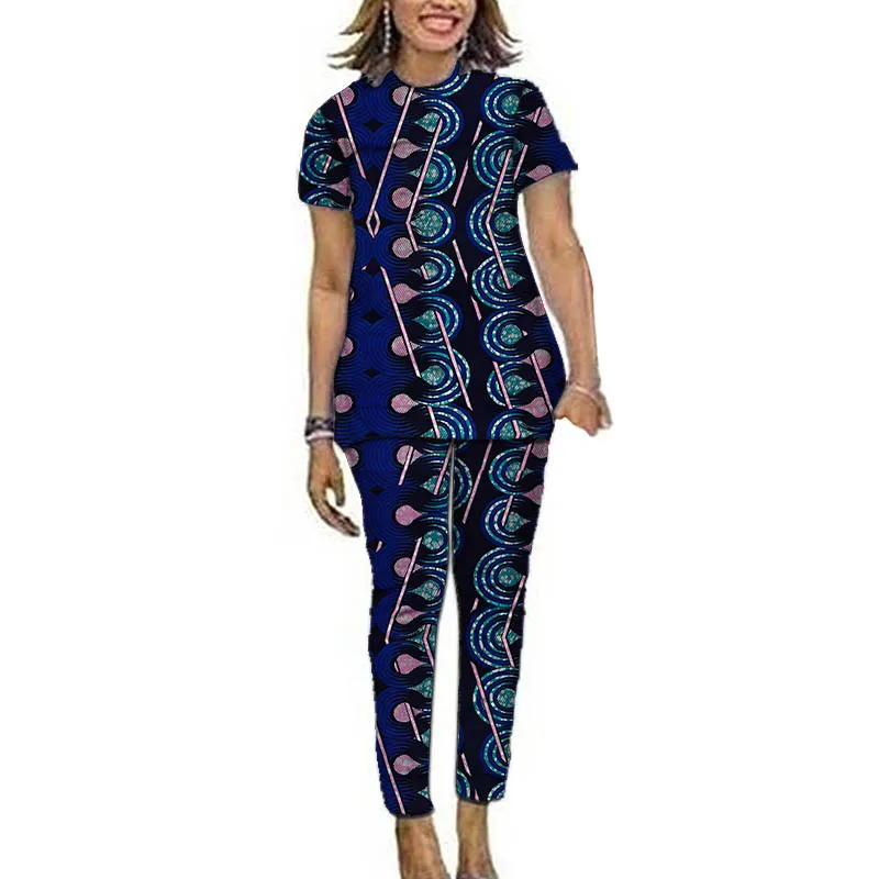 African Print Couture Women's Ankara Outfit Short Sleeve Blouse+Elastic Waist Pant For Party Summer Tops Set Customized