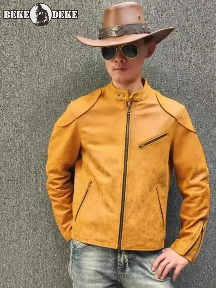 Autumn Mens Stand Collar Zipper Cowhide Genuine Leather Jacket Slim Fit Windproof Motorcycle Riding Coat Work Leather Jacket 5XL