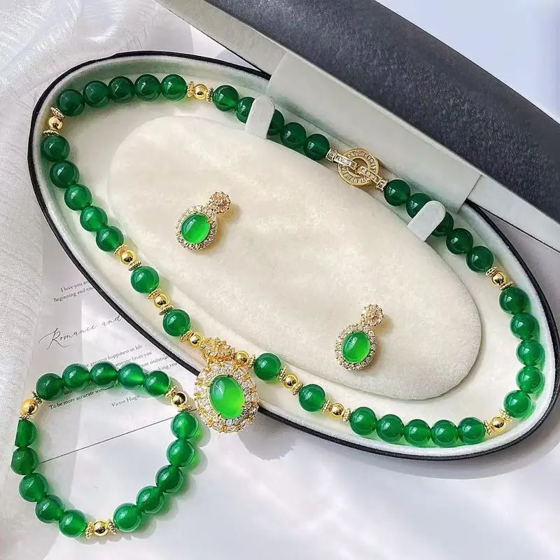 10mm Imperial Green Chalcedony Necklace Earrings and Bracelet Set