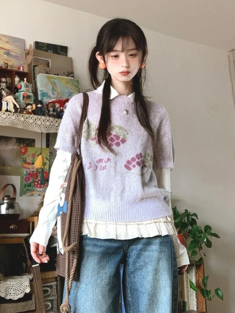 Lilac Grape Print Knitwear Short Sleeve Top Vest Sweater Women Y2K 2000s Oversized Cotton Blend Knitted Bottoming Pullovers