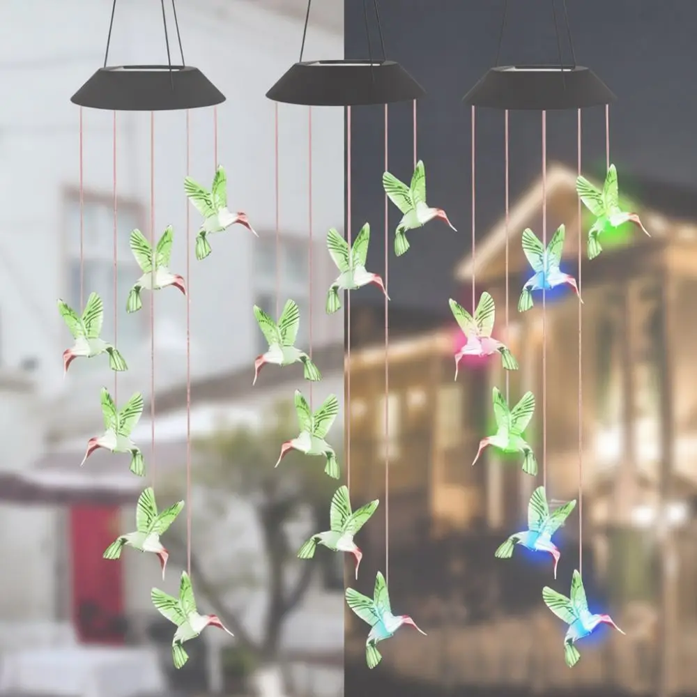 Decorative Solar Wind Chime Light Colorful LED Hummingbird Lamp Outdoor Waterproof Hanging Light For Backyard Garden