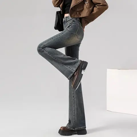 वसंत महिला उच्च कमर विंटेज भड़कीले जींस लड़कियों कोरियाई Y2k 2000 के दशक बेल नीचे पैंट महिला स्ट्रीटवियर ग्रे ब्लू डेनिम पतलून 10 best sales पेटिट जींस - №1