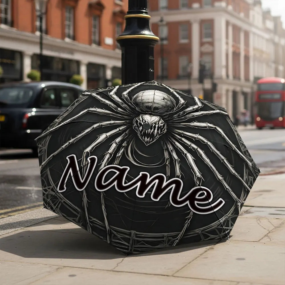 Custom Name Umbrella Dark Gothic Giant Spider With Spiderweb print Folding Umbrella,Portable Parasol For Horror Gothic Fans