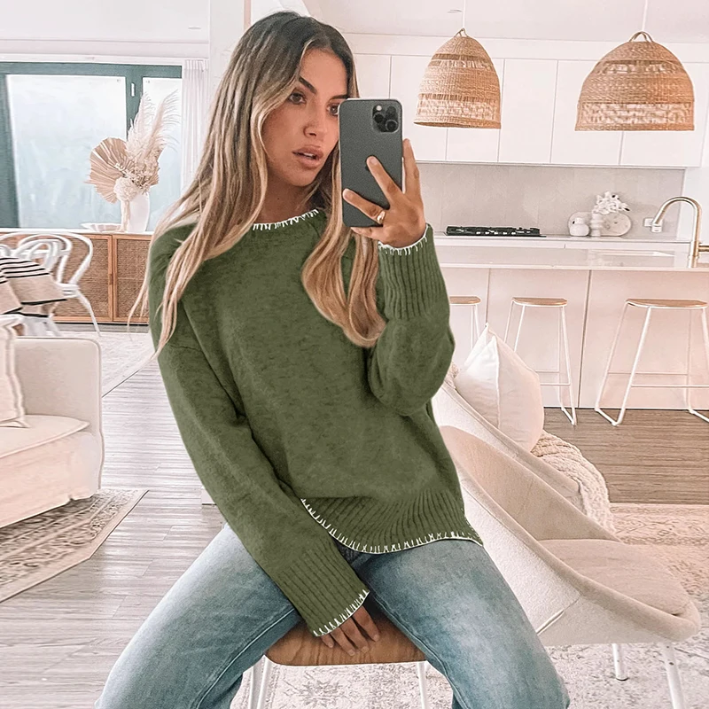 Suéter de punto de oficina para mujer, ropa de trabajo básica acanalada con cuello redondo, jersey cómodo y elegante Simple de otoño