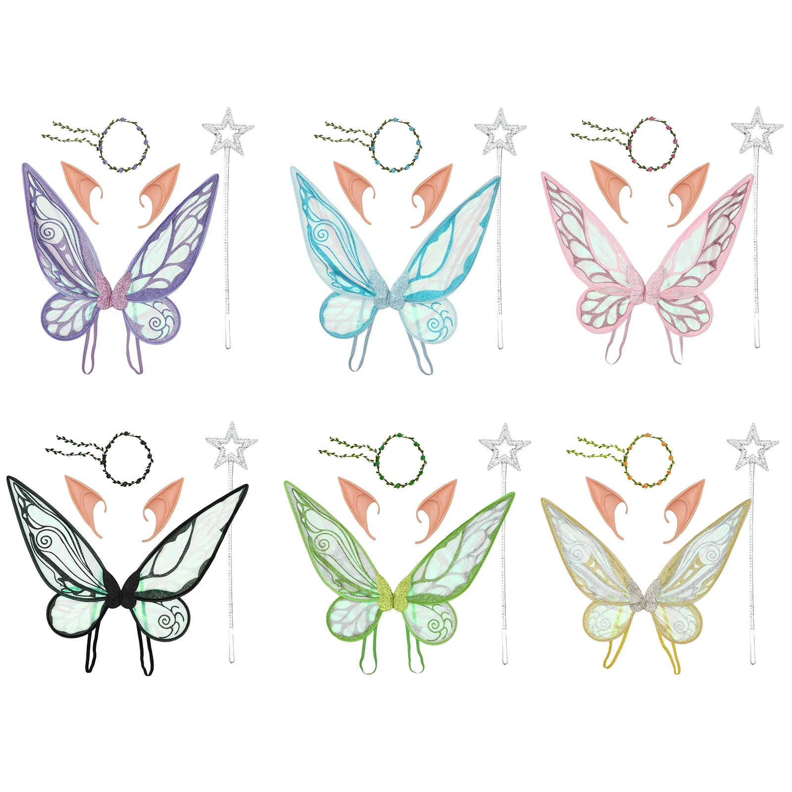 Ailes de fée d'halloween pour filles adultes, tenues oreilles d'elfe, bandeau Floral féerique, couronne, accessoires de Costume de fête, accessoire de Cosplay pour filles