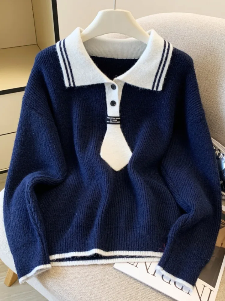 

Loose Collar Knitted Sweater Women's Autumn Winter Faion Korean Sle Self-Kee Sle Long Sve Button up Top