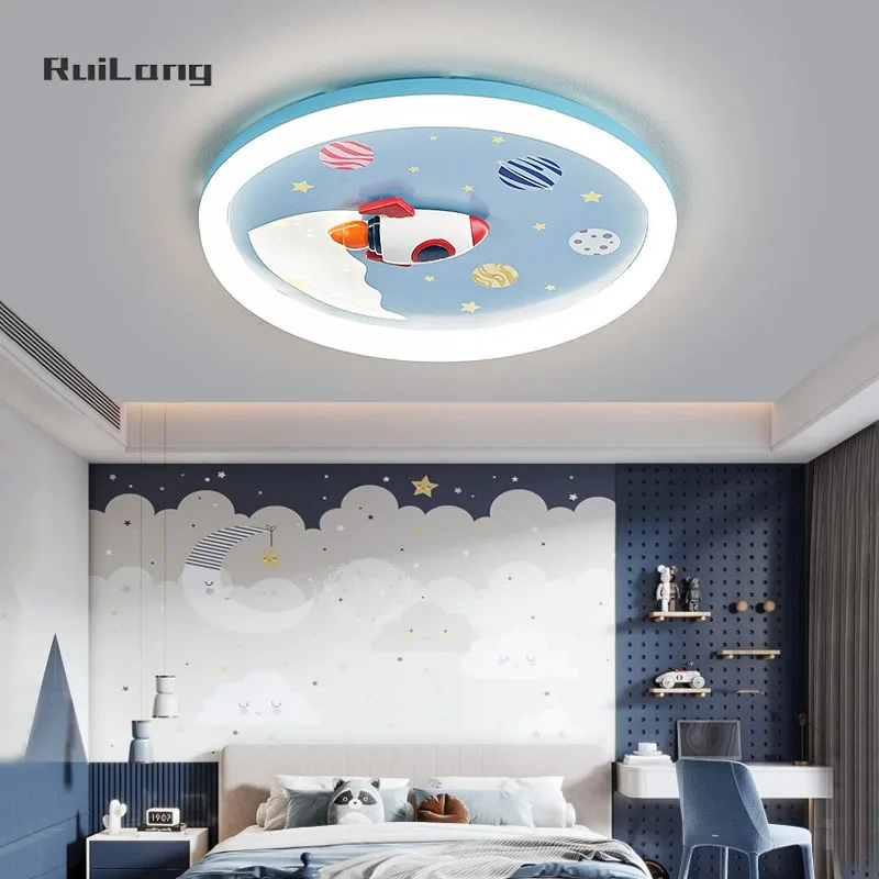 Creative Rocket Ceiling Light For Kids Room Boys Bedroom Study Blue Cartoon Space Planet Chandelier Children Room Ceiling Lamp