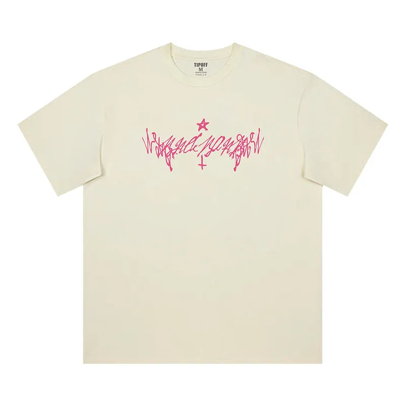 Men's Gothic Graffiti Graphic T-Shirt with Pink Star & Cross Print 2026 Summer Cotton Oversized Streetwear Tee for Alt Fans - view 4
