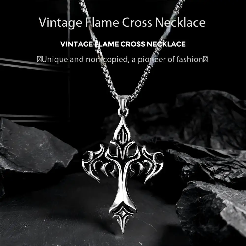 Flame Cross Necklace: Unisex, Personalized, Vintage, Versatile, Street-Style Couple Pendant, Designer Neck Chain for Sweaters