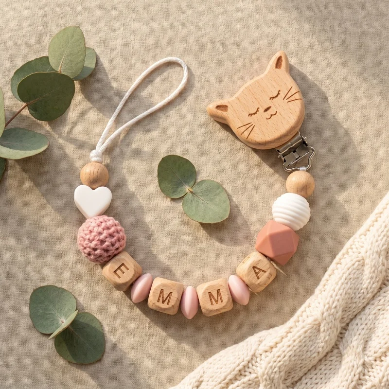 Personalized Pacifier Clip Custom Name Baby Teether Holder BPA Free Silicone Beads Wood Cat Dummy Chain Soother Clip Shower Gift