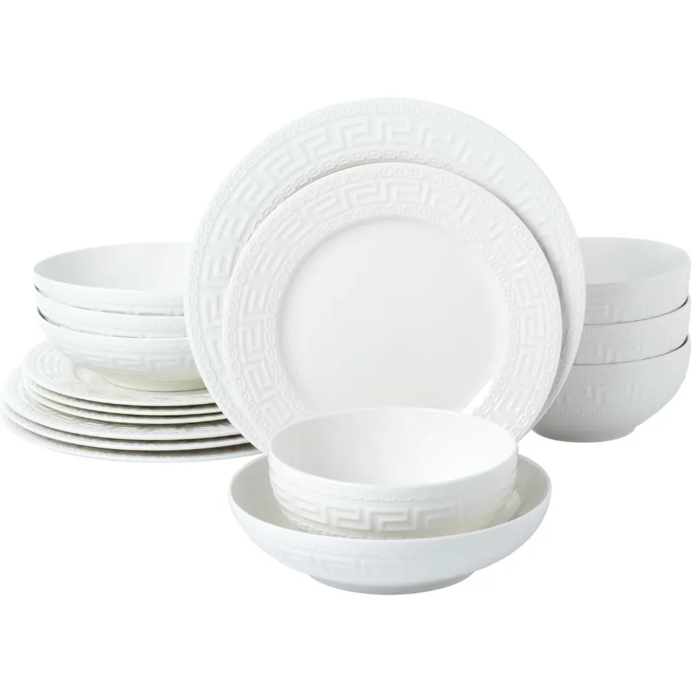 16-piece Bone China Dinnerware Set, Service for 4, Greek Key White