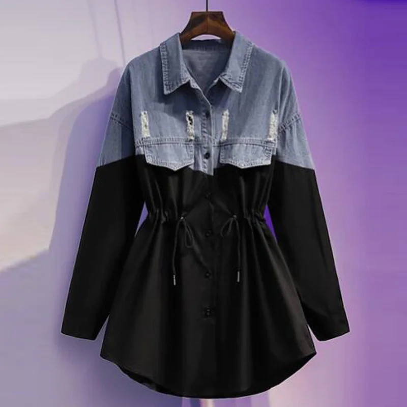 Women Patchwork Denim Blouses Turn-down Collar Korean Fashion Top Plicing Spring Long Style Color Matching Loose Female Shirt