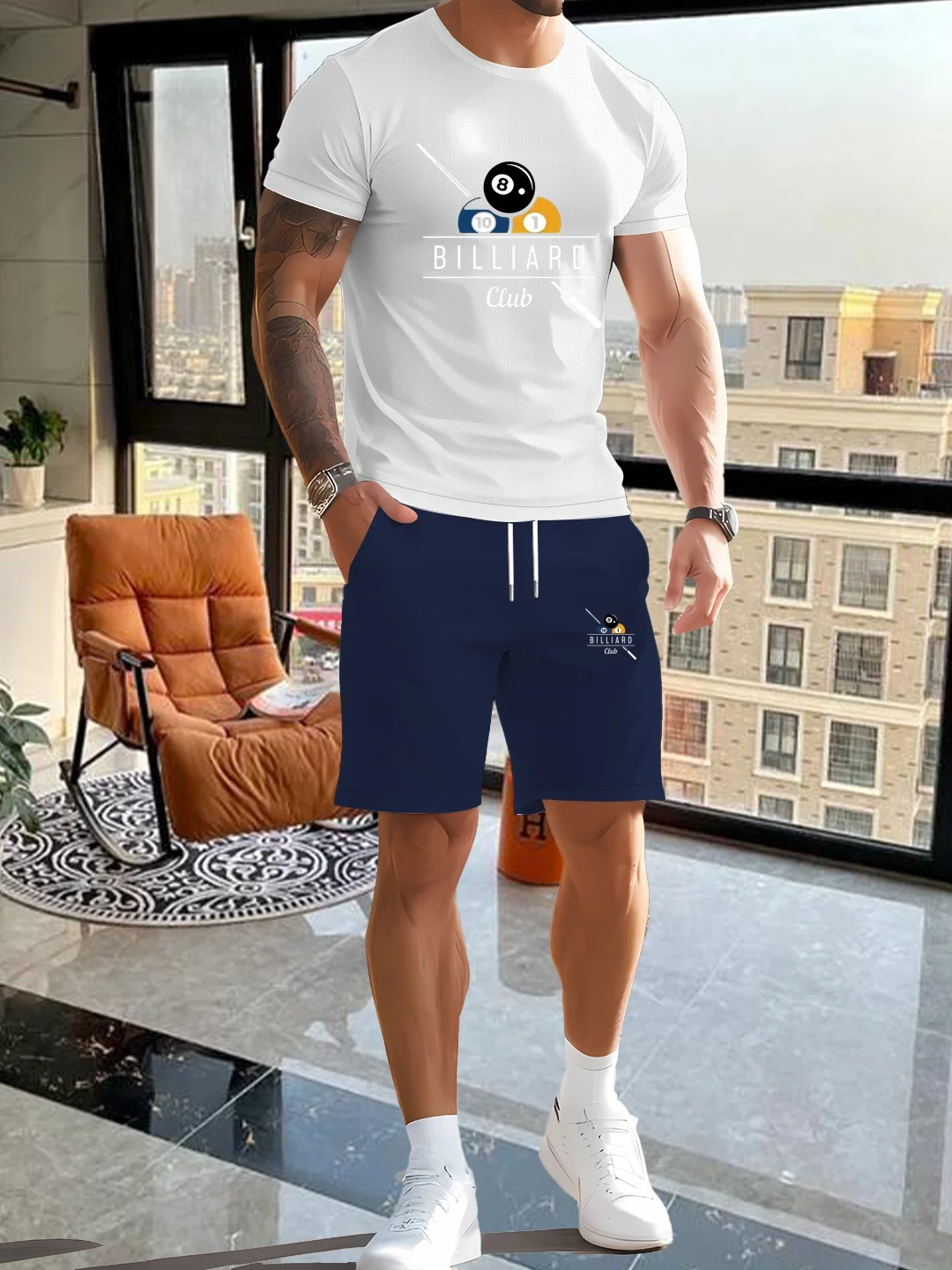 

Мужской модный, повседневный и удобный комплект с шортами и футболкой.