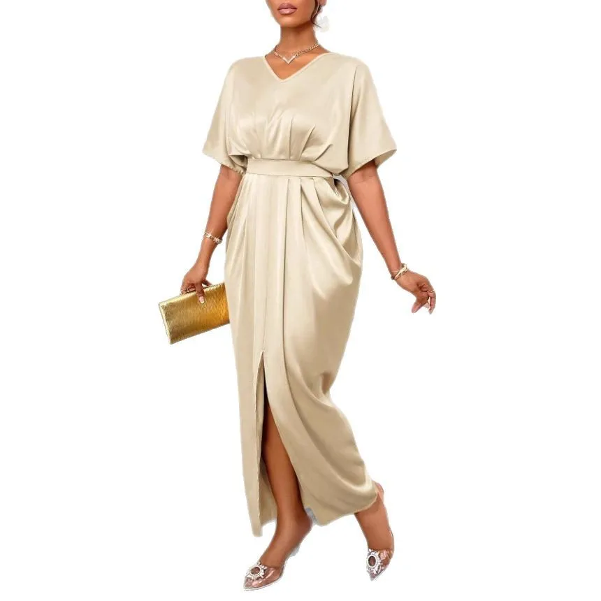 Femmes élégantes solide Satin Sexy dos nu robe mi-longue été col en v à manches longues robe mince décontracté plage robes de soirée robes