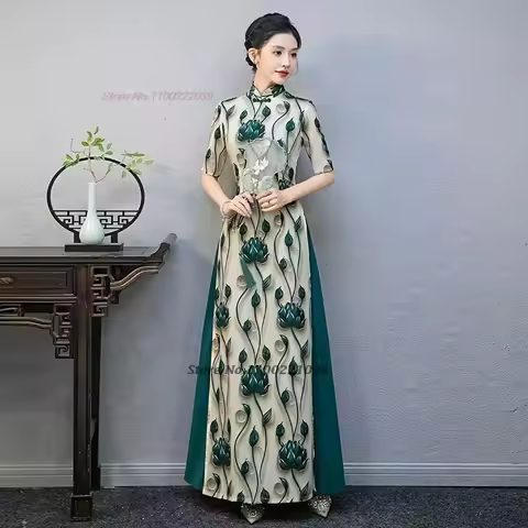 2026 vietnam traditional dress aodai improved cheongsam national flower print qipao stage dress oriental evening dress vestido