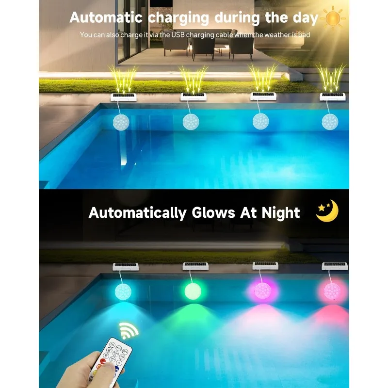 Solar Pool Lights, Rechargeable Submersible LED Lights with Remote, IP68 Waterproof Built-in Magnet Solar Underwater Light for A