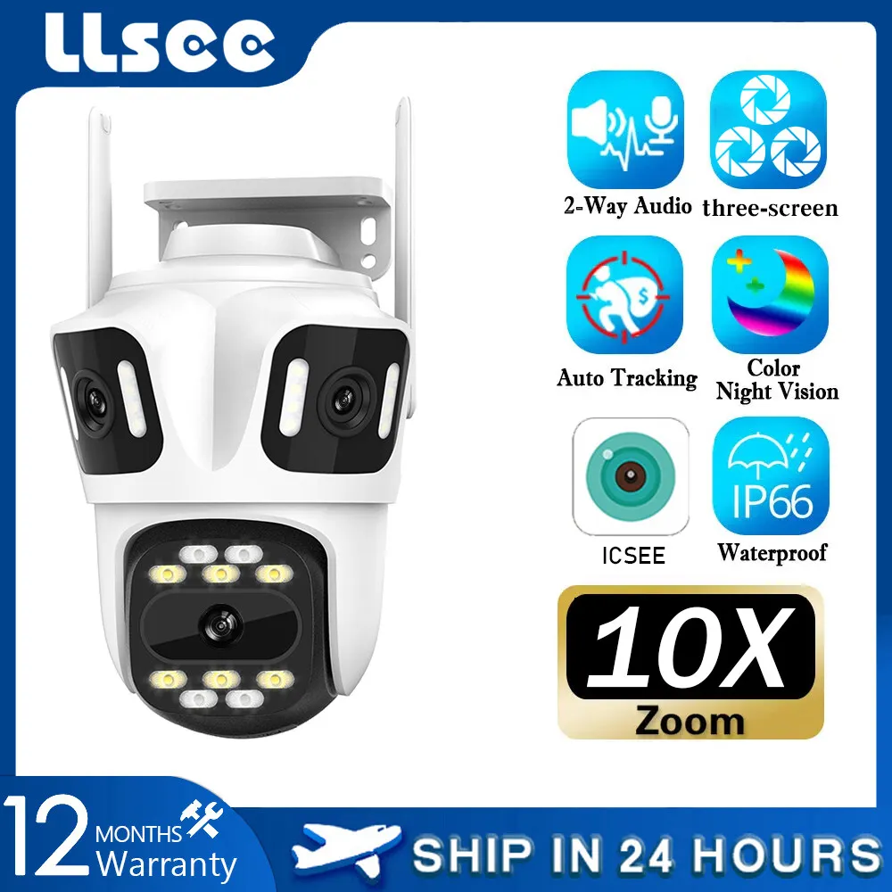 LLSEE ICSEE wireless WiFi camera,12MP 6K,triple lens,full HD CCTV waterproof outdoor,360 pan tilt security camera wireless WiFi