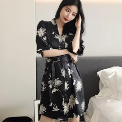Womens Imitation Silk Black Printed Robe, Bathrobe, Home Clothes, Summer