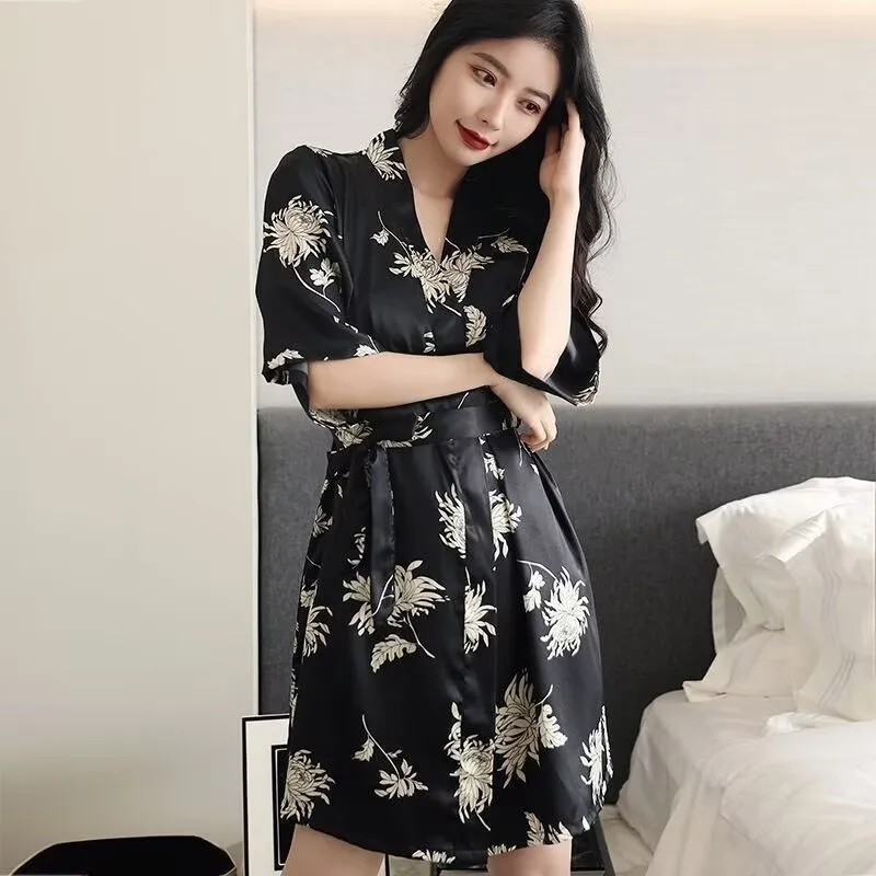 Womens Imitation Silk Black Printed Robe, Bathrobe, Home Clothes, Summer
