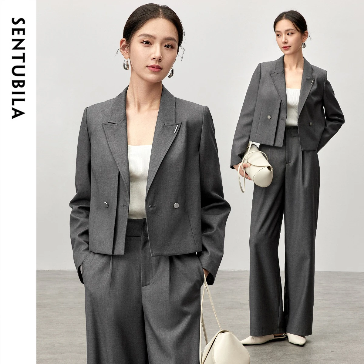 

SENTUBILA Women Grey 2 Piece Pant Sets 2026 Autumn Office Lady Double Breasted Short Blazer Wide Long Length Pants Set 143Z56297