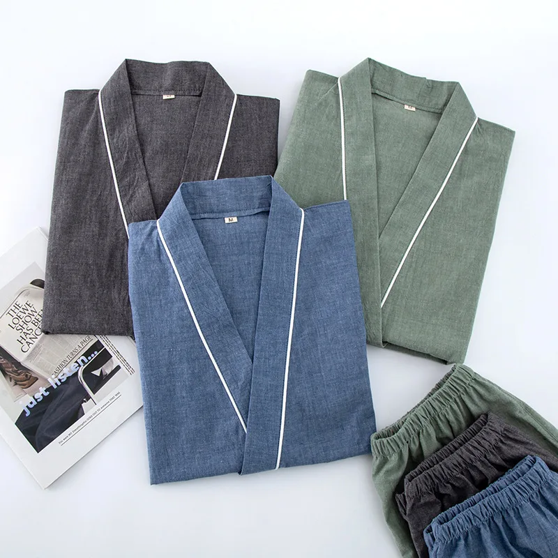 Spring Summer Japanese Pajama Sets Male 100% Cotton Spa Robe Sets Boxer Short Sleeve Kimono Robes Men Striped Home Hombre