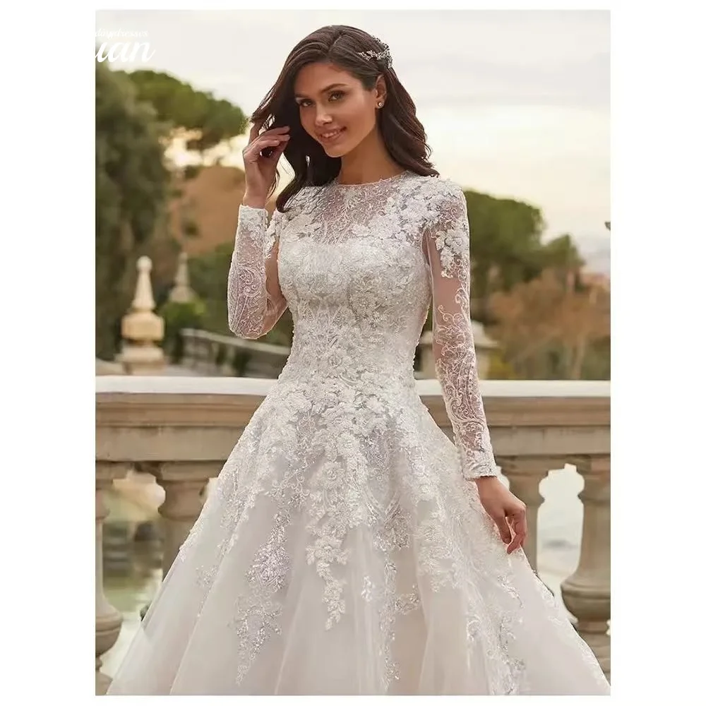 Aangepaste elegante o-hals lange mouw trouwjurken kant applicaties een lijn bruidsjurk prinses jurk vestido de novia