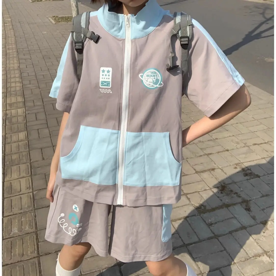 2026 Japanese Cute Core Casual Sports Set Loose Short Sleeve Zipper Cardigan + Shorts Contrast Color 2 Pcs Sets Women Y2k Suits