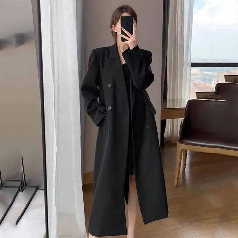 FANAN-gabardina larga elegante para mujer, chaqueta coreana con doble botonadura para oficina, ropa de calle de moda, abrigos de manga larga