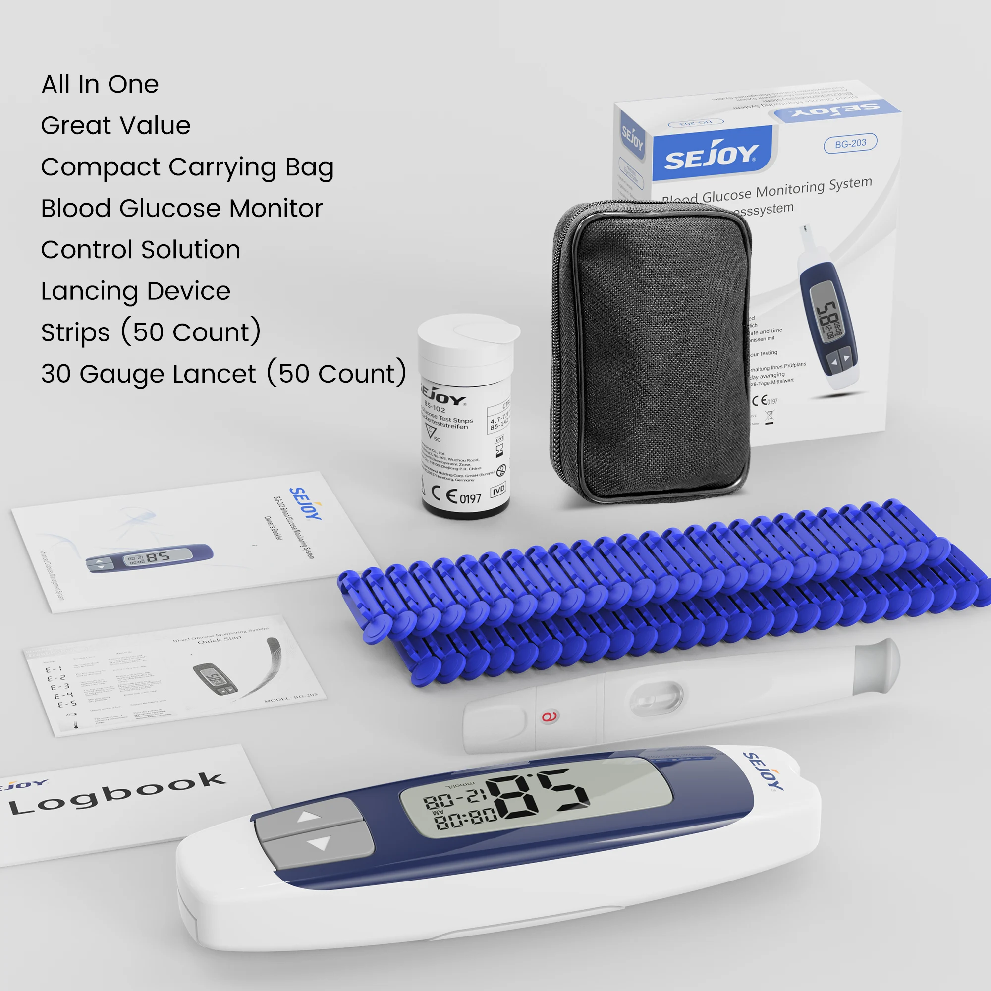 Sejoy BG-203 Blutzuckermessgerät-Set, 50 Stück Teststreifen, Lanzetten für Diabetes-Monitor, digitales Blutzuckermessgerät, Teststreifen werden separat verkauft – Detail 5