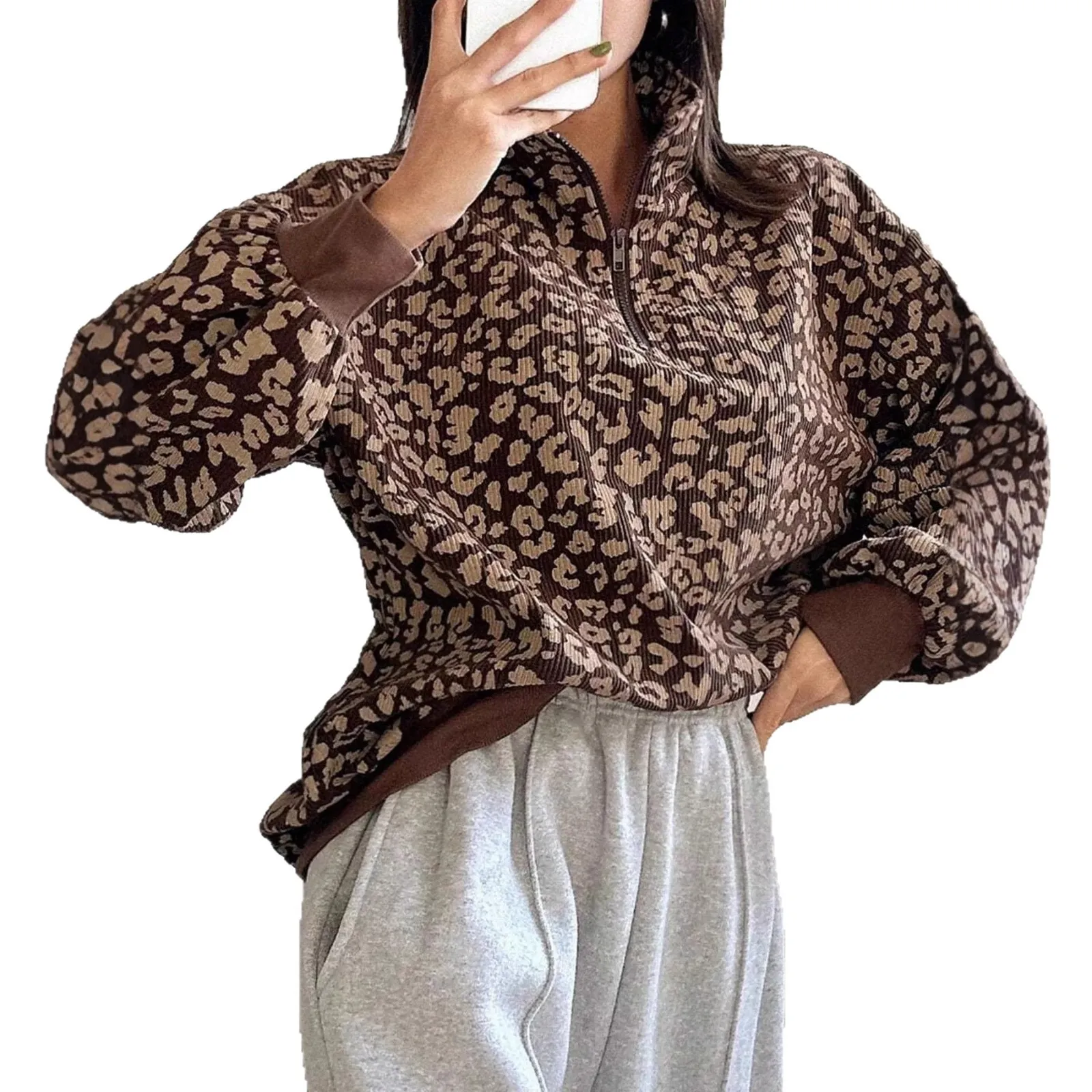 ليوبارد طباعة تنوعا البلوز المرأة سستة التلبيب كم طويل الخريف موضة البلوز Roupa الأنثوية جيرسي Invierno Mujer