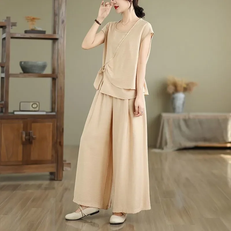 

Women Summer Sleeveless Two Piece Set Irregular Drawstring Top Wide Leg Pants Plus Size Elegant Mom Outfit